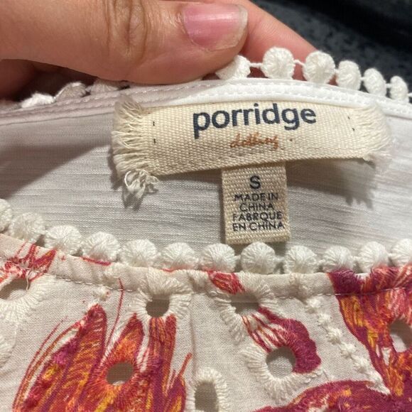 Anthropologie Porridge Ivory Eyelet Pink Hummingbird Scalloped Hem Top Small c7 - Picture 4 of 6